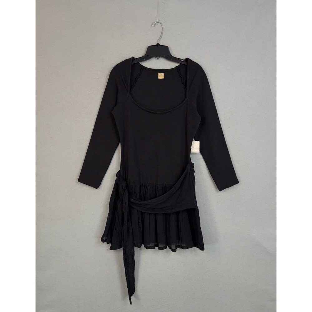 Free People Dress Womens Large Black Lexi Mini Ruffle Drop Waist Mini Boho Chic